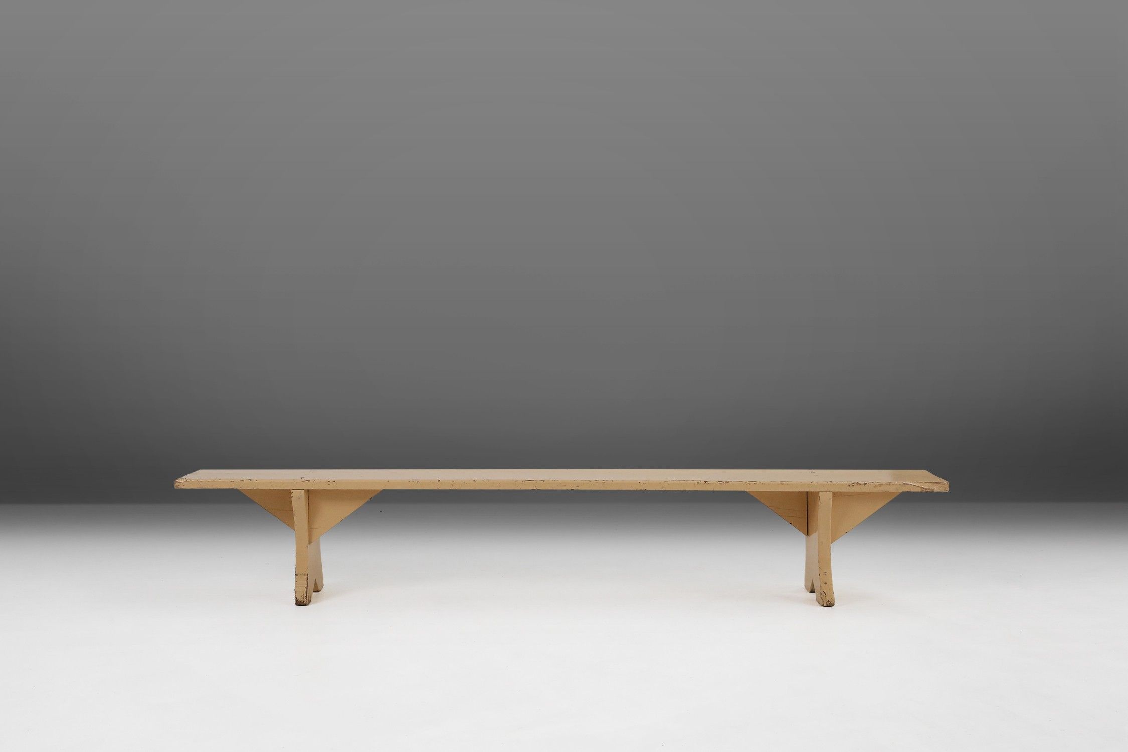 Elegant rustic beige wooden bench with nice patina, France ca. 1900thumbnail